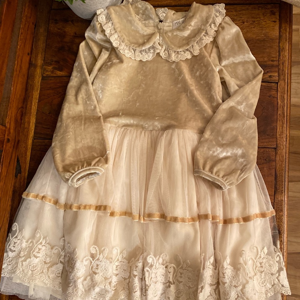 Mae Li Rose Formal Girl Dress Cream Gold Special Occassion Holidag